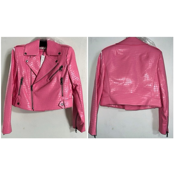 Alice + Olivia Cody Pink Vegan Leather Croc Moto Jacket - Picture 11 of 16
